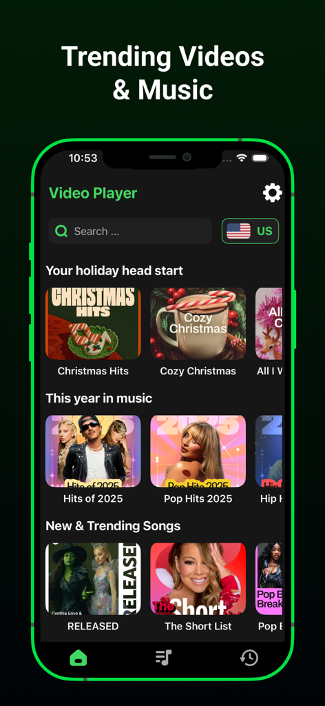 Pure Tuber Lite: Video & Music - La aplicación Pure Tuber Lite muestra música popular de vacaciones y éxitos de 2025 en una interfaz oscura y limpia