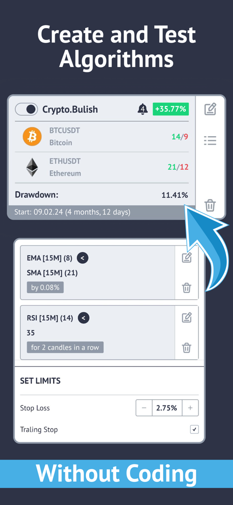 Mobile app interface showing how to create and test crypto trading algorithms using technical indicators without coding