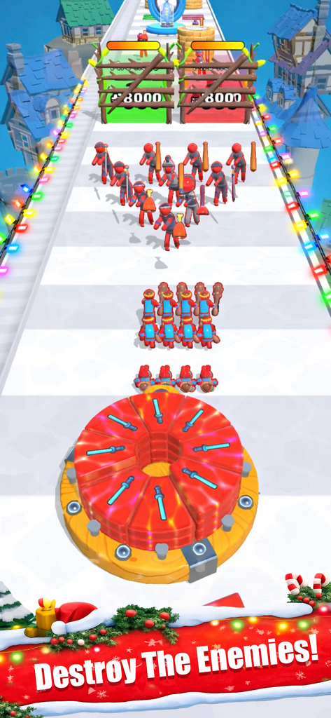 Human Fortune - Mobile game screenshot of Human Fortune featuring red characters on a snowy track with a spinning wheel mechanic