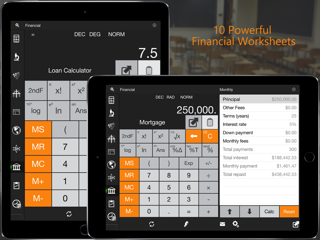 Calc Pro HD – iPad Calculator - Calc Pro HD iPad app showing mortgage and loan calculator worksheets with financial data tables