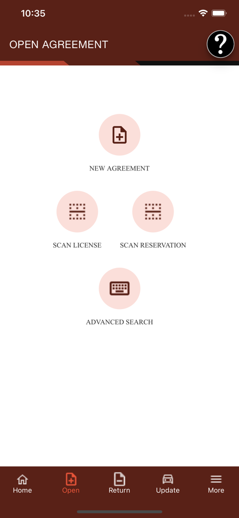 TSD Rental - TSD Rental app interface showing options to open a new agreement or scan a license and reservation