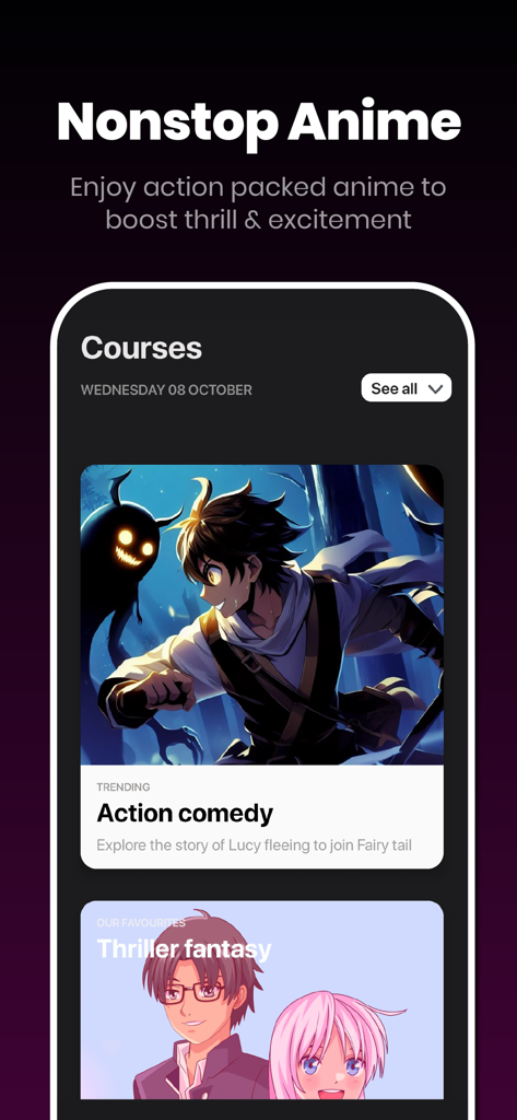 Pantalla de la aplicación AnimeHub que muestra categorías de acción, comedia, thriller y fantasía.
