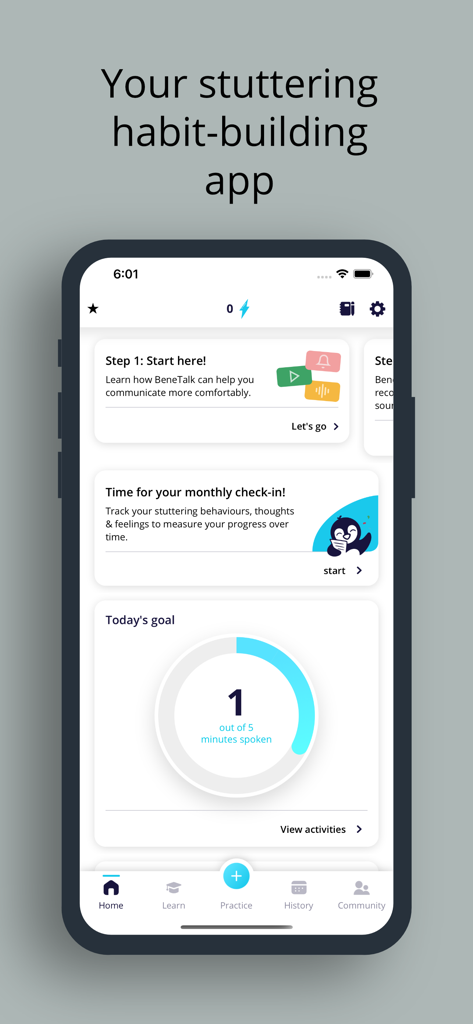 BeneTalk: Stuttering Coach - BeneTalk app dashboard showing daily speaking goals and stuttering progress tracking