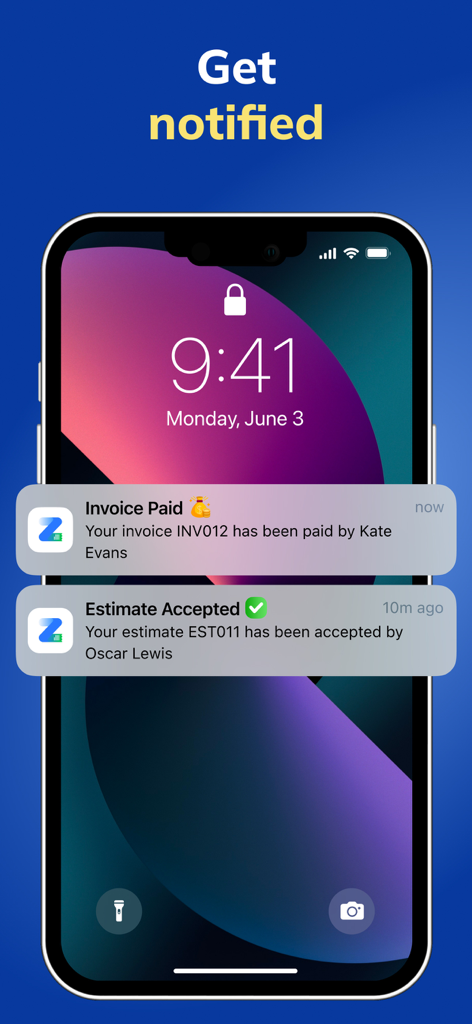 Zintego - Invoice Maker - Tela de bloqueio do iPhone mostrando notificações push para uma fatura paga e um orçamento aceito do aplicativo Zintego