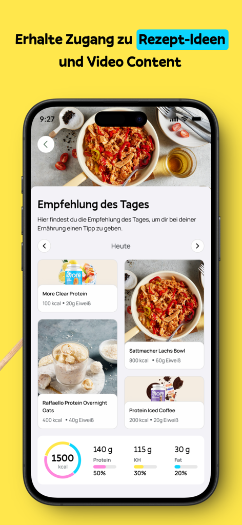 WPF Coaching - La pantalla de la aplicación WPF Coaching muestra recomendaciones de recetas saludables y seguimiento de macronutrientes nutricionales