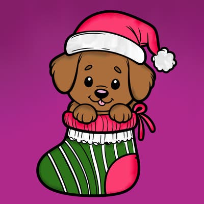 cute puppy wearing santa hat in socking