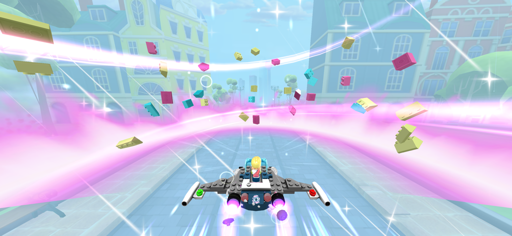 A character flying a LEGO jet through Heartlake City streets with colorful floating bricks