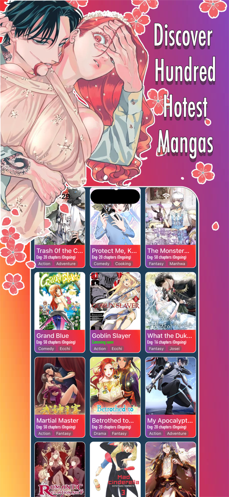 Manga Reader: Webtoon & Comics - マンガリーダーアプリのインターフェース。人気のWebtoonとマンガのタイトルの幅広いセレクションをグリッドレイアウトで表示しています。