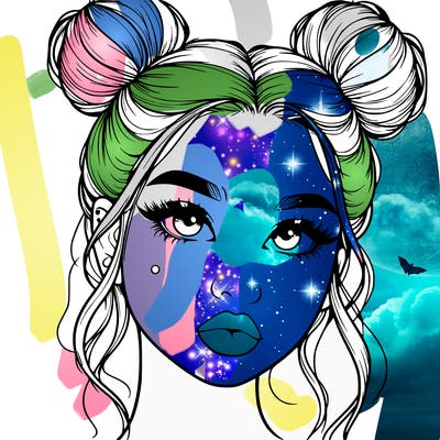 realistic girl with two buns on her hair and lips