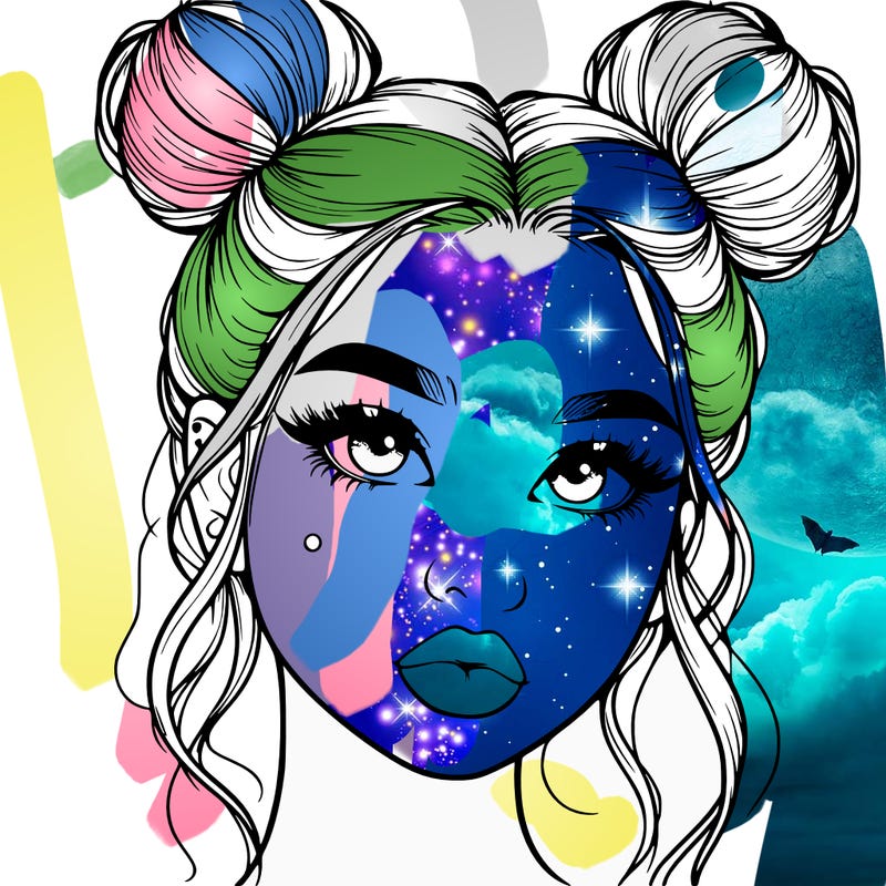 realistic girl with two buns on her hair and lips