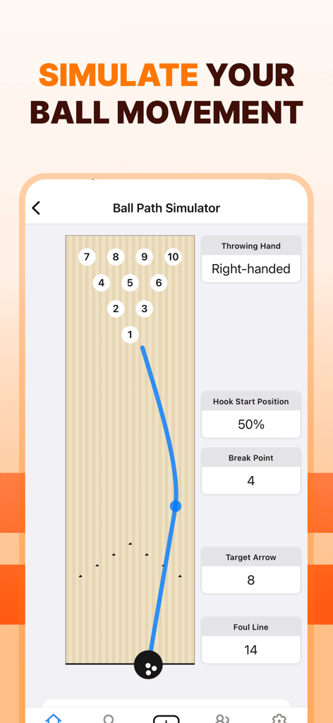 Bosc: Bowling Score Keeper App - Bosc app ball path simulator showing a bowling hook trajectory on a digital lane