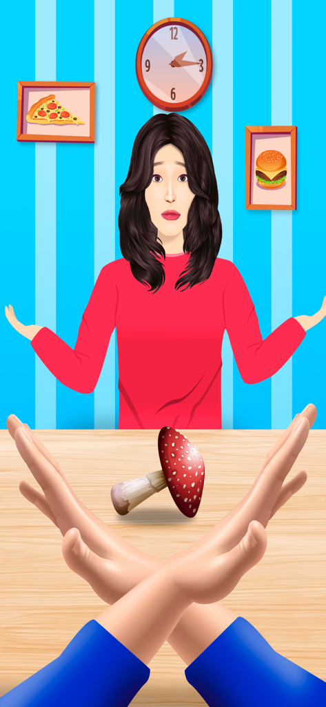 Yes or No Food Challenge Prank - A character reacting to a red mushroom in the Yes or No Food Challenge Prank game with hands making a no gesture