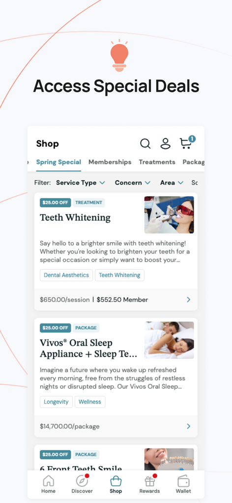 MyRepeat: Patient Rewards - Interface de l'application MyRepeat montrant les catégories de magasin et les offres spéciales sur les traitements esthétiques.