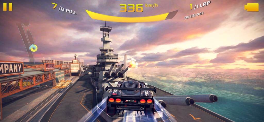 High speed sports car racing on an aircraft carrier deck at sunset in Asphalt 8 Airborne