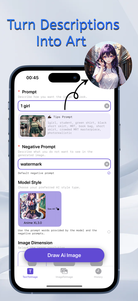AI Art Generator - SD Anime - Interfaz de la aplicación móvil que muestra la indicación de texto a imagen para generar arte de IA estilo anime