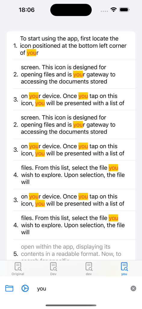 Interface of the Greppy app showing a text document with the search term you highlighted in yellow on an iPhone