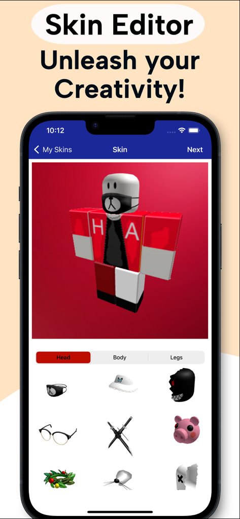 Interface of the SkinOx app showing a skin editor for Roblox characters with various customization items and accessories.