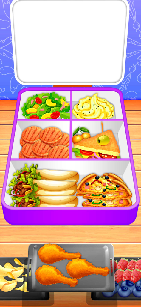 Lunch Box Organizer Game - Uma bento box roxa sendo embalada com vários itens alimentícios, incluindo pizza, salada e sanduíches em um jogo de organização ASMR.