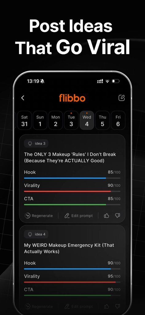 Smartphone screen displaying Flibbo AI app with viral post ideas and virality metrics for makeup content.