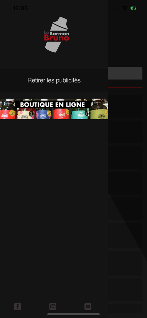 Le Barman Bruno - Home screen of the Le Barman Bruno mobile app showing the cocktail shaker logo and a banner for the online shop.