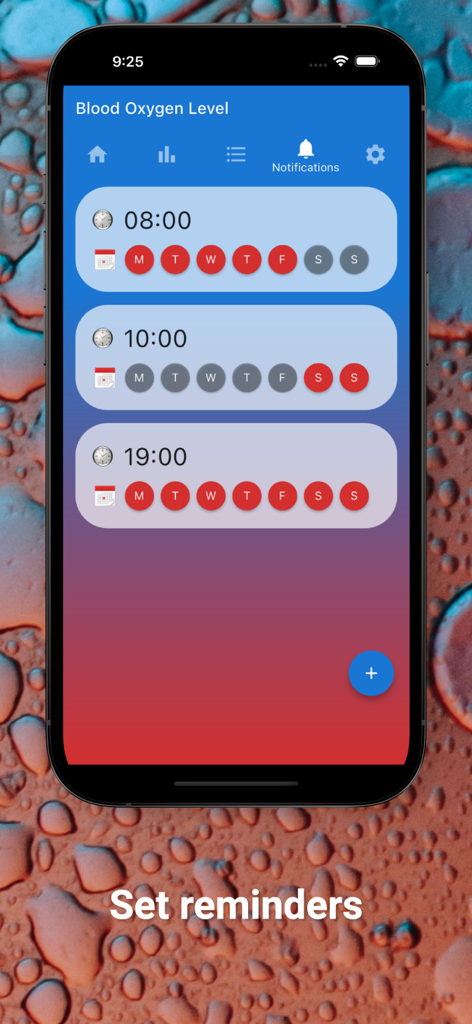 Blood Oxygen Level - Interface of the Blood Oxygen Level app showing scheduled reminders for daily health measurements
