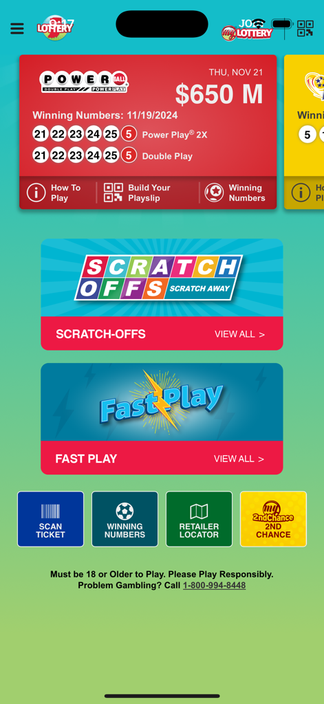 Hoosier Lottery - 후지어 복권 앱 홈 화면 - 파워볼 잭팟 및 티켓 스캔 기능 표시