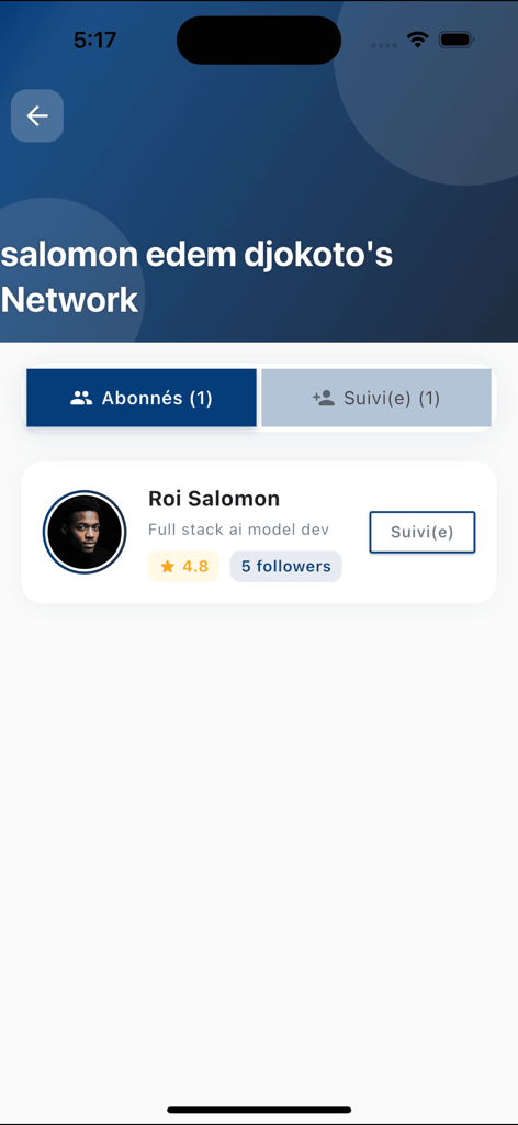 AppartMart - AppartMart app interface showing a user network profile with followers and following tabs