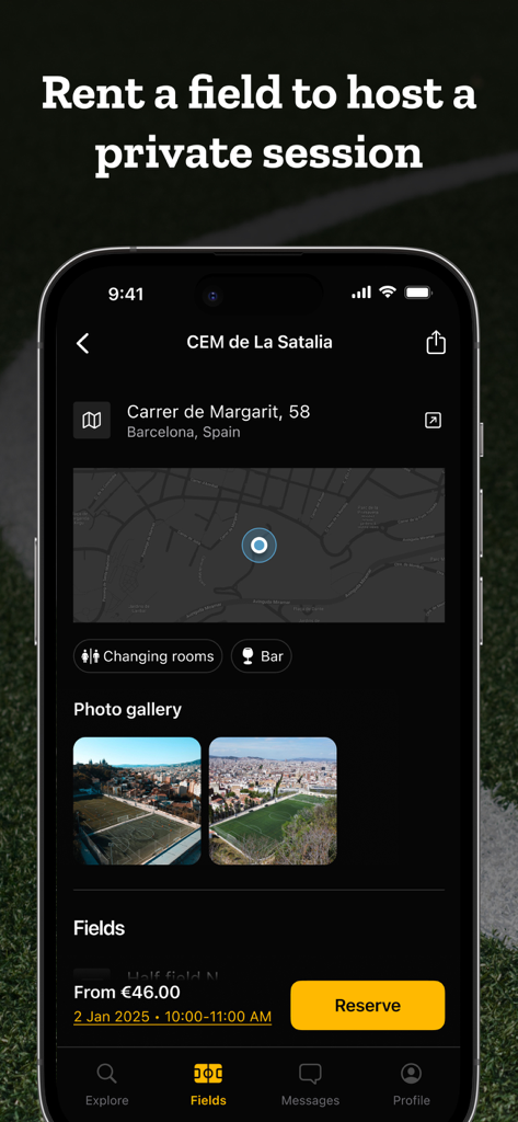 App interface for booking a private soccer field session with location and field details