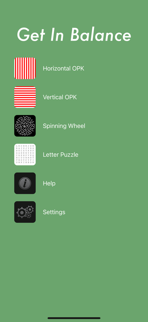 Main menu of the Get In Balance app displaying options for vestibular rehabilitation exercises including OPK patterns and spinning wheels.