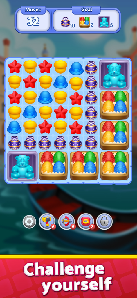 Dream Design:Travel & Decorate - Gameplay screenshot of Dream Design showing a colorful match-3 puzzle board with travel-themed items and a Challenge yourself caption