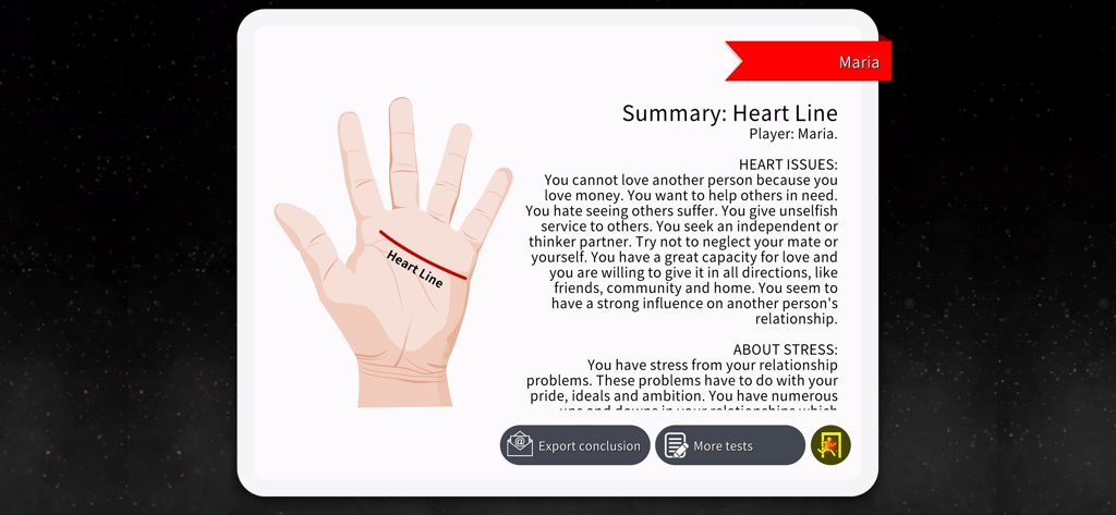 Palm Reading Premium - Una pantalla de resumen detallado de una lectura de línea del corazón de quiromancia para una usuaria llamada María