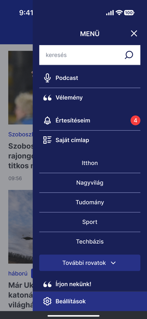 Az Origo hírek alkalmazás oldalsó menüje, amely olyan hírkategóriákat mutat, mint a belföld, világ, tudomány és sport