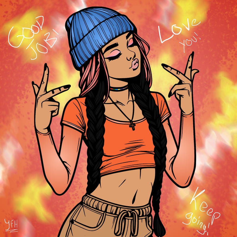 realistic teenage girl with braids and a beanie and crop top doing 🫶🏼