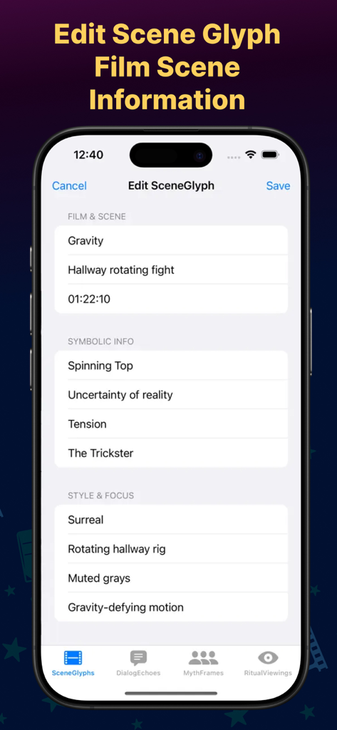 Webstream app interface for editing film scene details including symbolic information and cinematic style