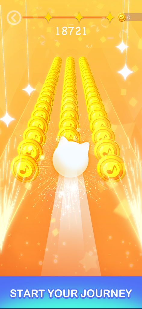 Magic Cats Rush: Music Games - Eine weiße Katzenfigur sammelt goldene Musikmünzen auf einem leuchtend orangefarbenen rhythmischen Pfad in Magic Cats Rush