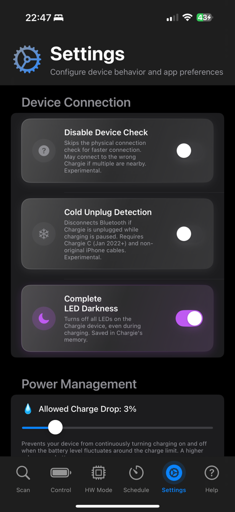 Interface de l'écran des paramètres de l'application Chargie pour la connexion de l'appareil et la gestion de l'alimentation.