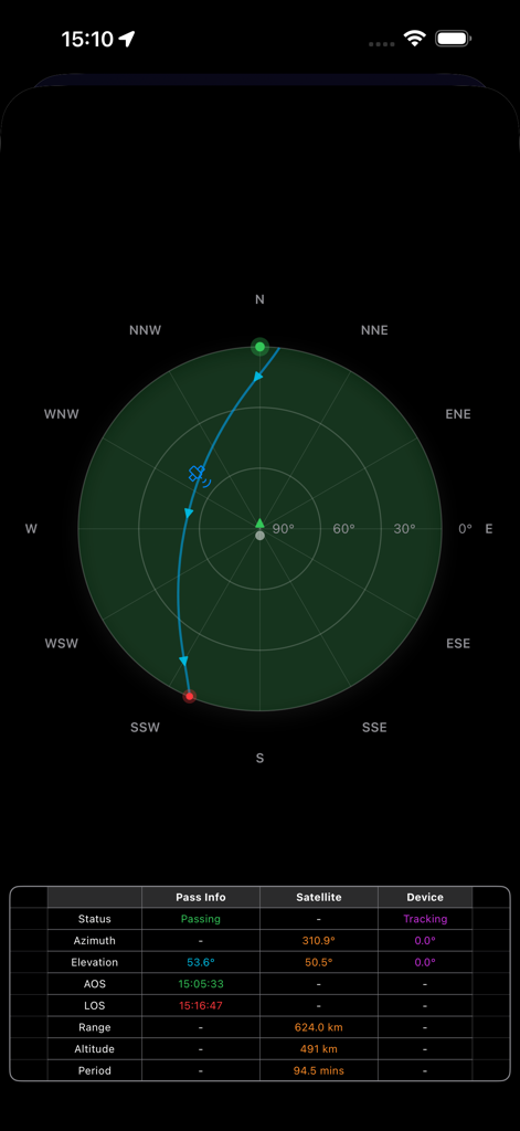 Satellite tracking interface in the SSTV app showing an orbital path and pass info table