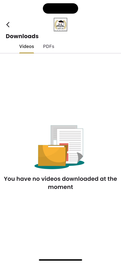 Interface of Amol Kasars AKCA app showing an empty downloads section for videos