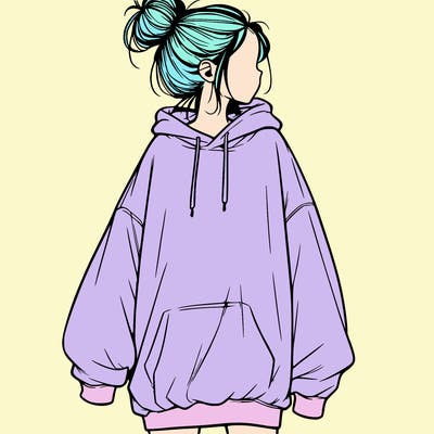 realistic girl with a oversized sweatshirt on and a bun