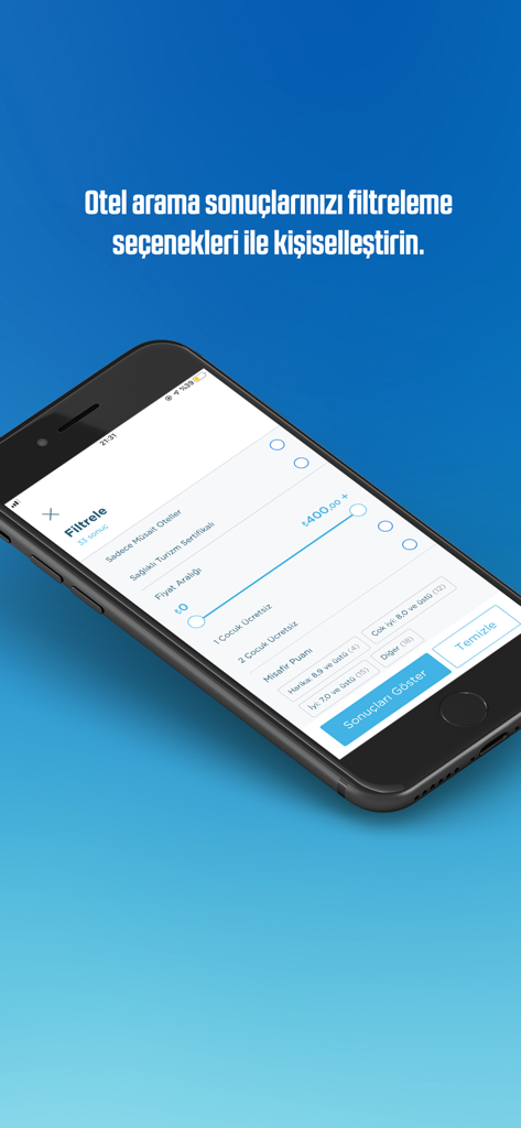 tatilsepeti - Mobile phone interface showing hotel search filtering options like price range and guest ratings on the tatilsepeti app