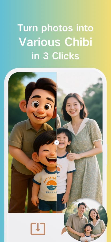 Chibi Maker :AI Avatar & Video - Aplicativo de IA transformando uma foto de família em personagens chibi de anime fofos