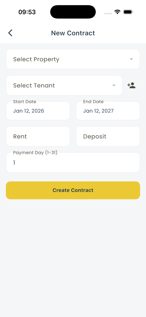 Read Progre: Renting-Tenants - Uma interface móvel para criar um novo contrato de aluguel, mostrando campos para propriedade, inquilino, aluguel e datas do contrato.