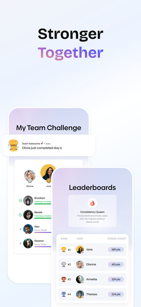 Interface of the Core fitness app showing team challenges and community leaderboards with user streaks