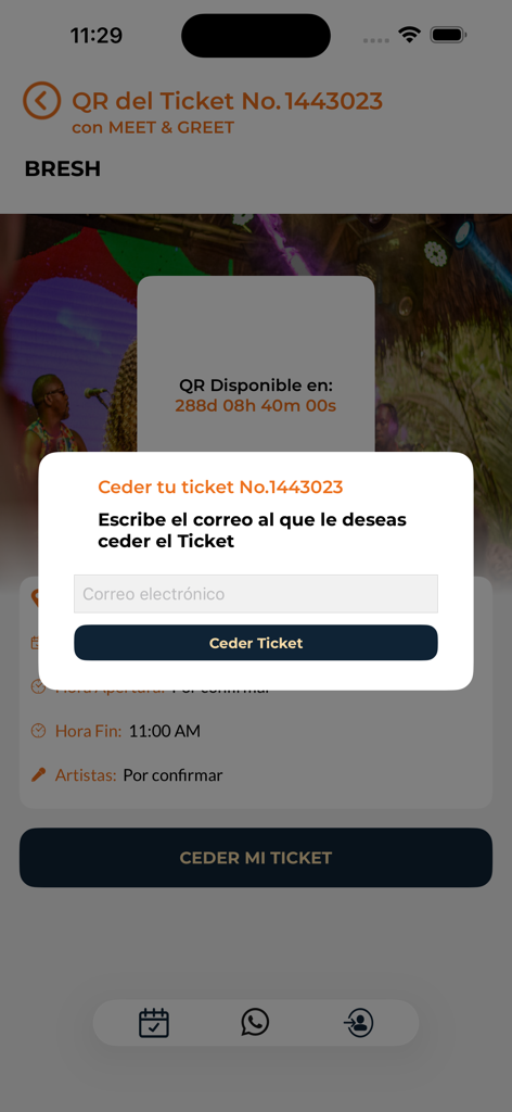 All Tickets App - User interface of the All Tickets App showing a pop up window to securely transfer a digital event ticket by entering an email address.