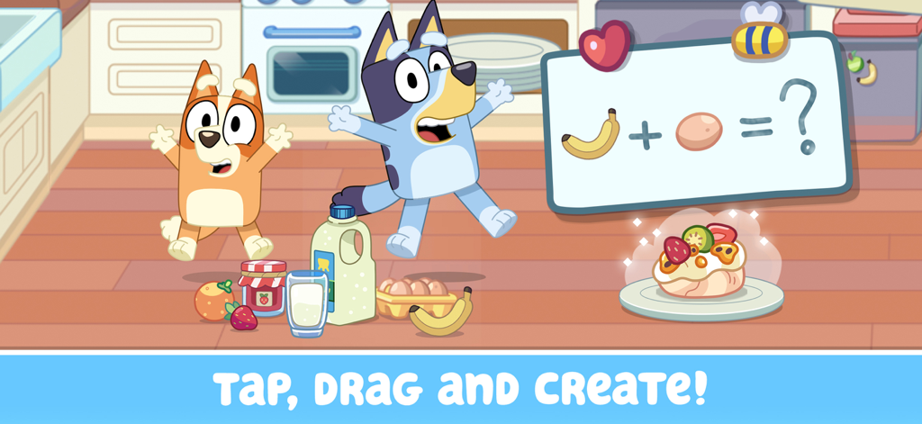 Personajes de Bluey y Bingo en un escenario de cocina con ingredientes para alimentos y una pizarra de recetas