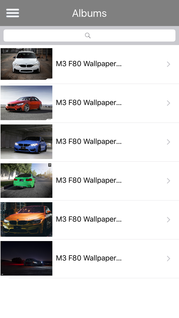 Interface of the app showing various BMW M3 F80 wallpaper albums