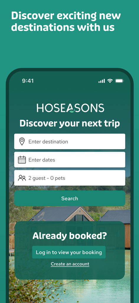 Hoseasons: Book UK Holidays - La pantalla de búsqueda de la aplicación Hoseasons con opciones para encontrar destinos de viaje y alquiler de cabañas en el Reino Unido.