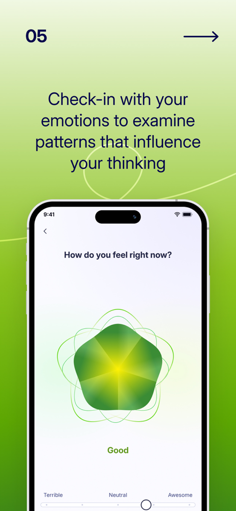 Livenアプリの画面。毎日の感情を追跡するためのスライダーと中央の緑色のグラフィックを備えた気分チェックイン機能が表示されています。