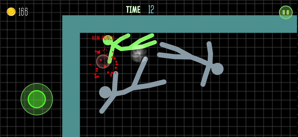 Stickman Warrior: Stick Fight - Uno stickman verde che esegue un pugno al braccio contro nemici grigi in un'arena di combattimento basata sulla fisica.