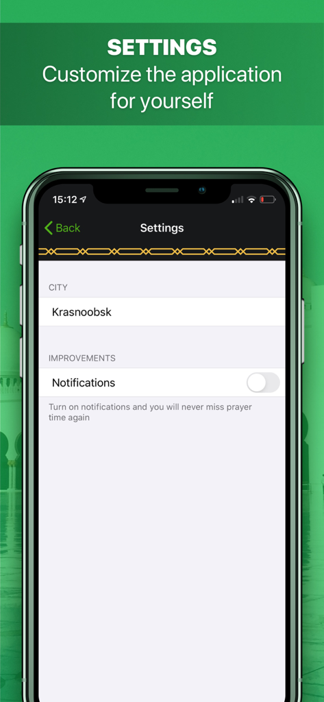 Muslim Pray Times Qibla Finder - Muslim prayer app settings screen for city and notifications